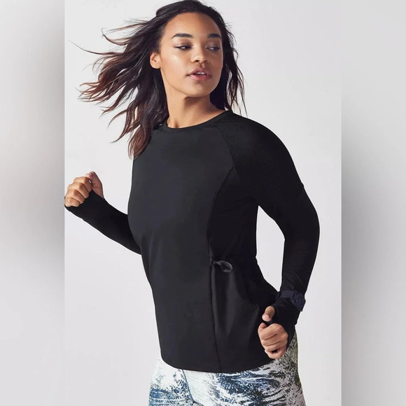 Fabletics Lana Long Sleeve Mesh Athletic Shirt Cinch Waist in Black - Picture 1 of 8